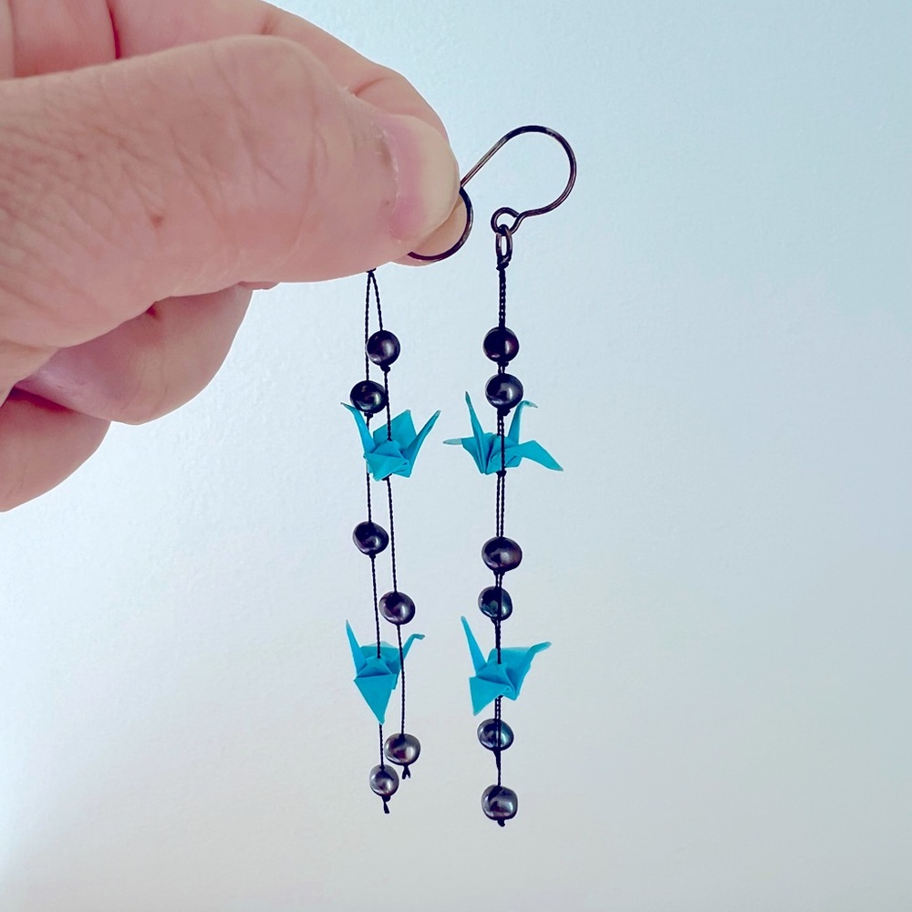 Handmade Blue Crane Drop Earrings with Black Beads